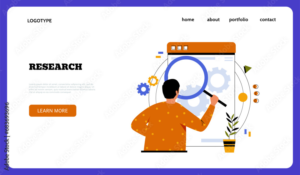 Poster Browser research landing page. Man searching information with magnifier. Website template. Content analysis. Business explore. Software development. Online data finding. Vector background