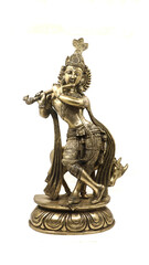 Fototapeta na wymiar golden statue of lord krishna crafted with details, an avatar of vishnu, playing flute music near a cow in a dancing position, front view isolated in a white background