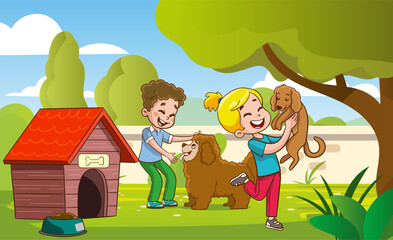 Obraz na płótnie Canvas vector illustration of children playing and loving with dog