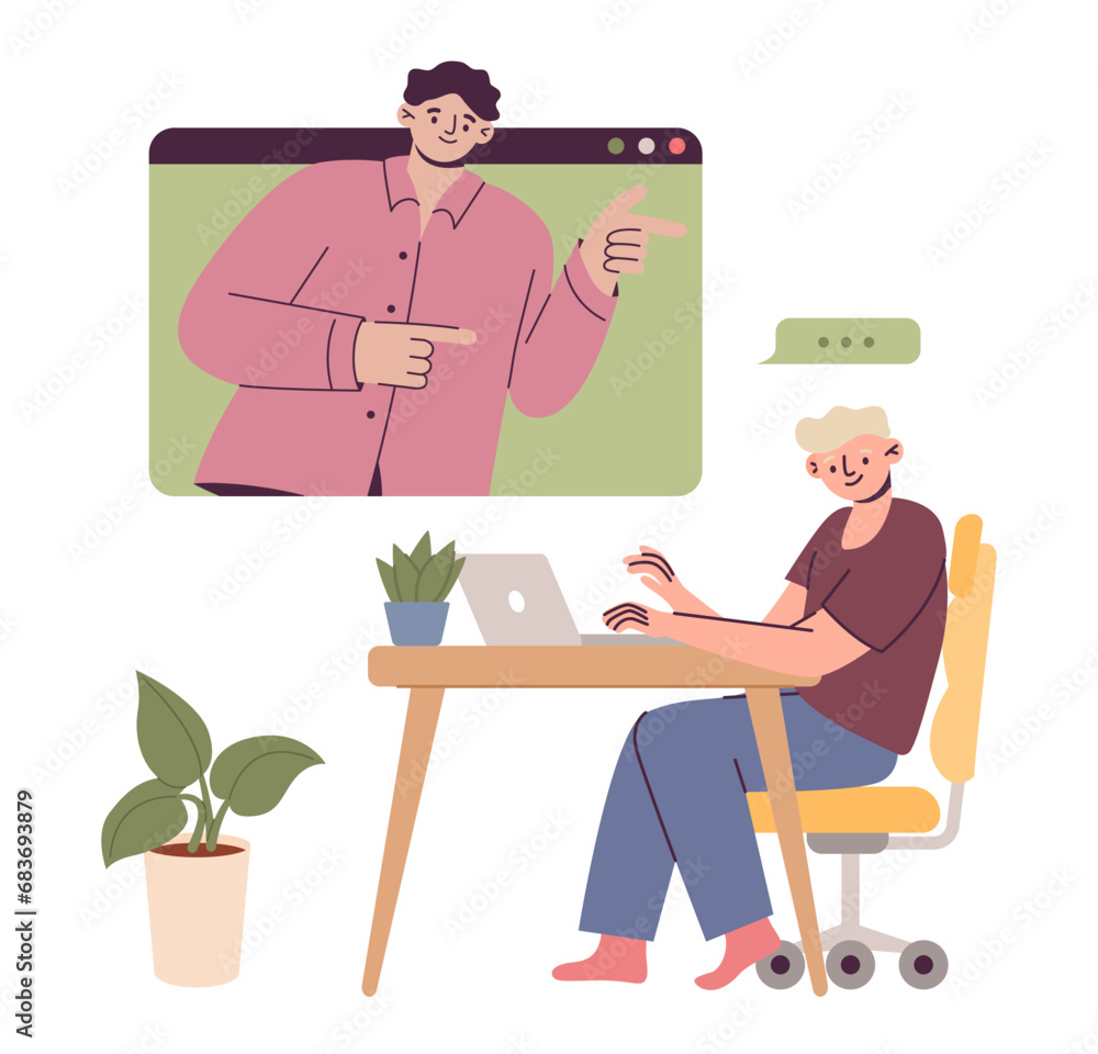 Poster video call. man sitting at computer. digital communication. network technology. internet remote talk