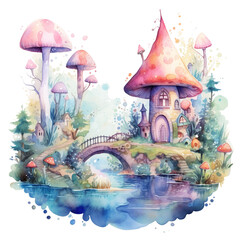watercolor, castle, tower, fantasy, architecture, building, art, kingdom, palace, medieval, landmark, history, beautiful, painting, fairy tale, dream, mushroom, magical, story, ancient, illustration, 