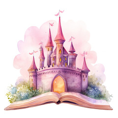 A book of fairy tales with a magic castle in watercolor painting. A magical castle in pastel color. Historical imagination monument and memorial. Illustration isolated on a white background.