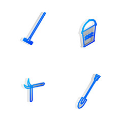 Set Isometric line Bucket, Garden rake, Gardening handmade scissor and shovel icon. Vector