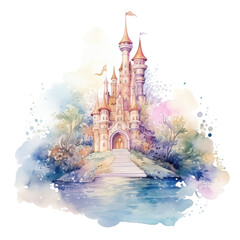 A house of fairy tales with a magic castle in watercolor painting. A magical castle in pastel color. Historical imagination monument and memorial. Illustration isolated on a white background.