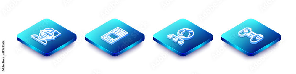 Poster set isometric line virtual reality glasses, create account screen, computer network and gamepad icon