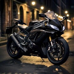 Fototapeta premium Vertical shot of a Yamaha R6 sports motorcycle parked on a pavement in Melbourne, Australia
