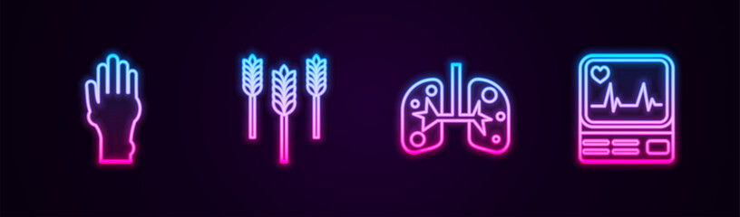 Set line Hand with psoriasis or eczema, Wheat, Lungs and Monitor cardiogram. Glowing neon icon. Vector