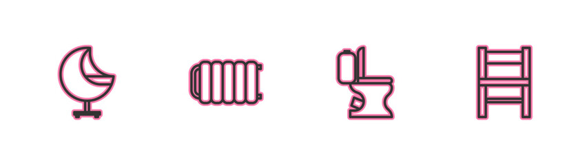 Set line Armchair, Toilet bowl, Heating radiator and Chair icon. Vector