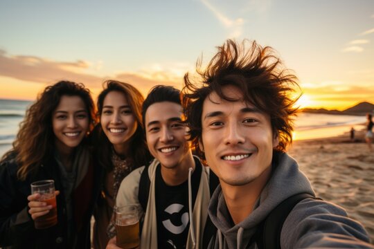Photo of happy young multiracial people in summer clothes taking selfie and showing peace sign, while standing at the beach during sunset