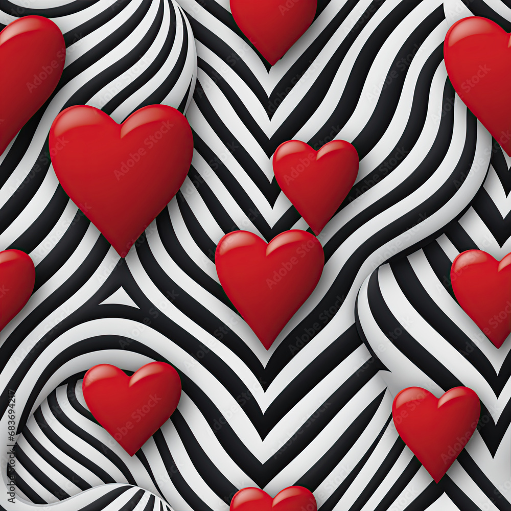 Wall mural Red 3D hearts over a black and white background , Seamless heart optical illusion Valentines tile.