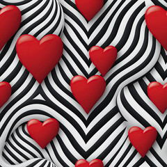 Red 3D hearts over a black and white background , Seamless heart optical illusion Valentines tile.