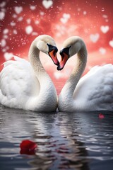 Fototapeta premium Romantic swan couple with heart shapes on Valentine's Day