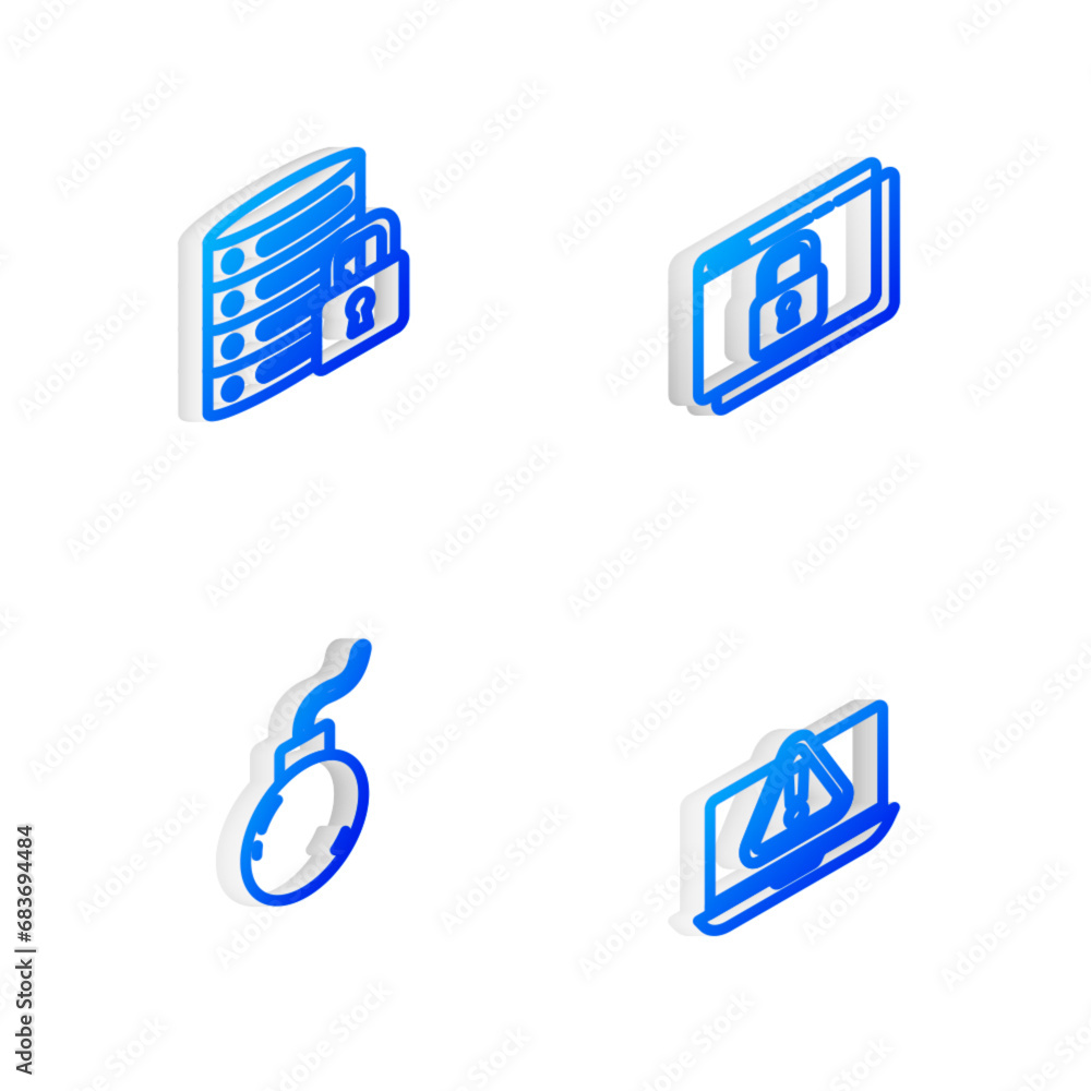 Poster set isometric line secure your site with https, ssl, server security lock, bomb ready to explode and