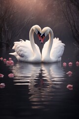 Romantic swan couple with heart shapes on Valentine's Day