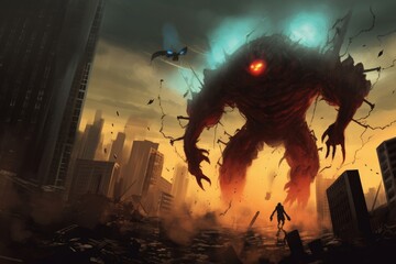 Digital illustration painting design style big monster invading big city, Generative AI