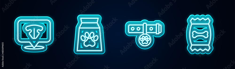 Sticker Set line Cat nose, Bag of food for pet, Collar with name tag and . Glowing neon icon. Vector