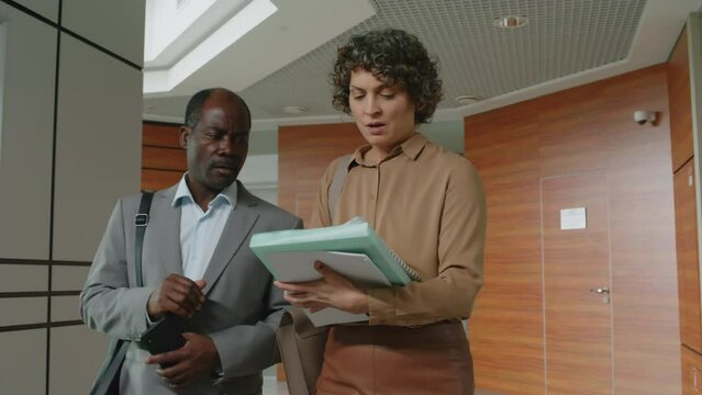 Tracking slowmo shot of multiethnic business partners discussing documents while walking along corridor in modern office building