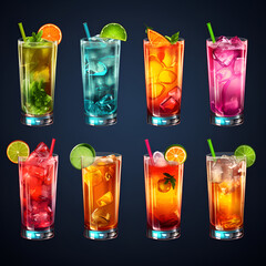 Cocktails set. Alcoholic drinks, mojito, tequila sunrise, longdrink, caipirinha, cola, cola with lime, cherry, ice cubes and straw. Alcoholic cocktails set, strong drinks and aperitifs, AI Generated 