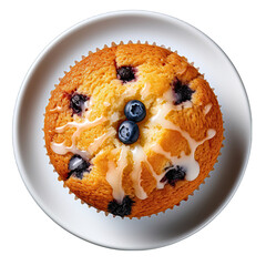 Top View of a Blueberry Muffin on a Plate Isolated on Transparent or White Background, PNG - obrazy, fototapety, plakaty