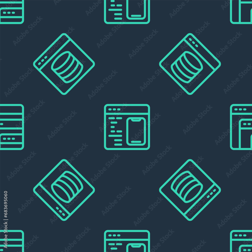 Poster set line software, server, data, web hosting and on seamless pattern. vector