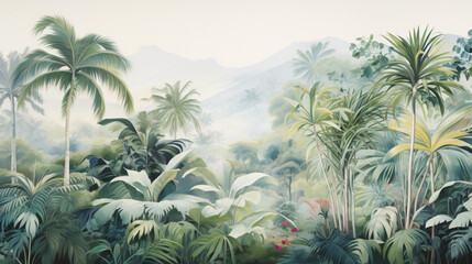 A painting of a tropical forest with palm trees - obrazy, fototapety, plakaty