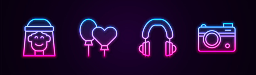 Set line Hippie girl, Balloons, Headphones and Photo camera. Glowing neon icon. Vector