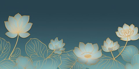 Luxury hand drawn lotus flowers background . Elegant gradient gold lotus flowers line art, leaves on blue background. Oriental design for wedding invitation, cover, print, decoration, Generative AI
