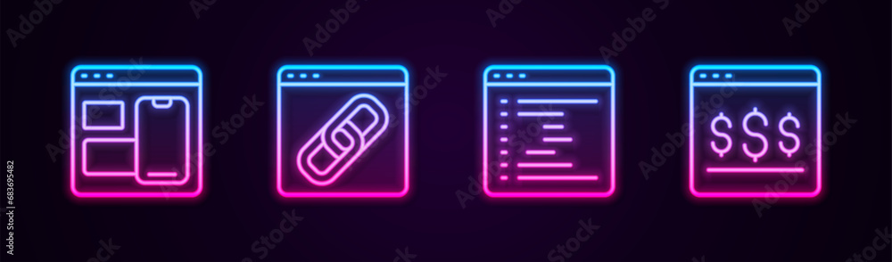 Poster set line web developer programming code, browser window, and online shopping on screen. glowing neon