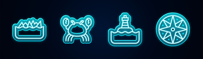 Set line Sharp stone reefs, Crab, Floating buoy and Wind rose. Glowing neon icon. Vector - obrazy, fototapety, plakaty
