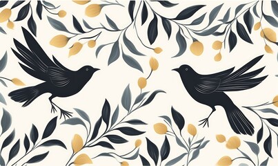 Abstract botanical art background . Natural hand drawn pattern design with bird, leaves, branch. Simple contemporary style illustrated Design for fabric, print, cover, banner, Generative AI