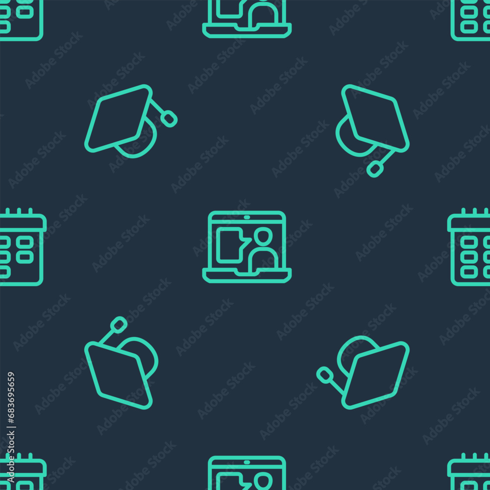 Poster set line foreign language online study, graduation cap and school timetable on seamless pattern. vec