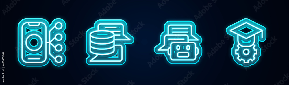 Aufkleber set line neural network, server, data, chat bot and graduation cap. glowing neon icon. vector