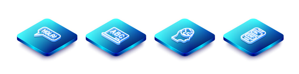 Set Isometric line Hola in different languages, Chalkboard, Learning foreign and Online translator icon. Vector © vector_v
