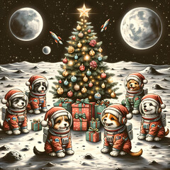 Cute Puppy Astronauts Celebrate Christmas At Outer Space