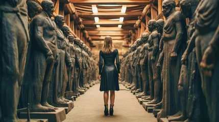 Deurstickers woman in black standing amid a corridor of stoic statues under wooden beams.ai generated © The Strange Binder