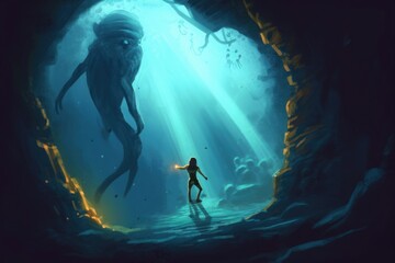 Digital illustration painting design style a man diving to ancient cave, against giant monster, Generative AI