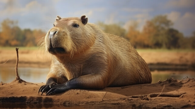 Capybara resting on the ground. generative ai