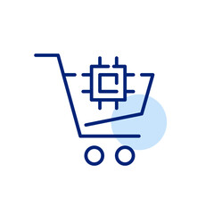 Smart shopping cart with microchip. Contactless shopping. Pixel perfect, editable stroke icon