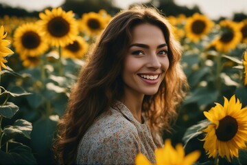 Sunny Beautiful and attractive young woman posing in field of sunflowers. Generative AI