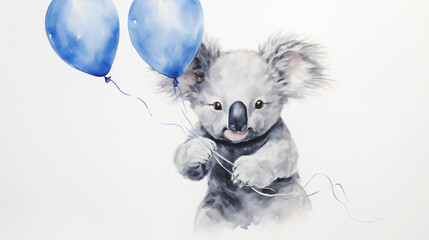 A koala holding balloons in its paws and a string