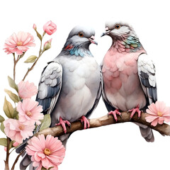 Watercolor illustration of pigeons couple standing on a pink flower branch. Creative graphics design. Beautiful elements for decoration. 
