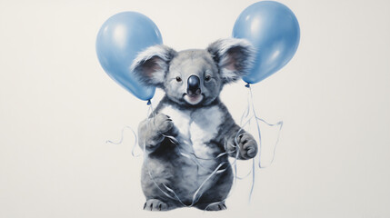 A koala holding balloons in its paws and a string