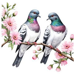 Fototapeta premium Watercolor illustration of pigeons couple standing on a pink flower branch. Creative graphics design. Beautiful elements for decoration. 