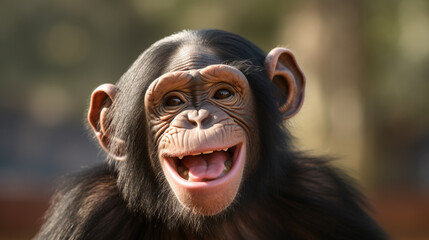 Close up portrait of a happy offspring chimpanzee with a silly grin. generative ai