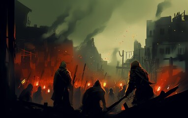 Digital illustration painting design style People's insurgents, against ruined city, Generative AI