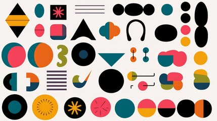 Set of abstract retro geometric shapes . Collection of contemporary figure, flower, doodle, square in 70s groovy style. Bauhaus Memphis design element perfect for banner, print, stickers,Generative AI