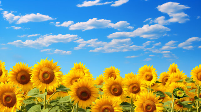 A large field of sunflowers with a blue sky