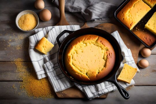 Freshly baked cornbread in a cast-iron skillet. 