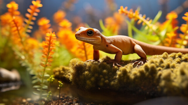 Colorful picture of Triturus vulgaris or smooth newt walking over plants. generative ai