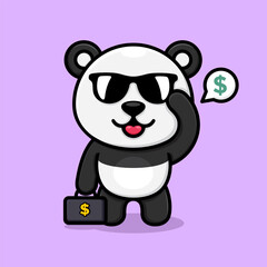 cute cartoon panda, wearing cool sunglasses and carrying a suitcase full of money.